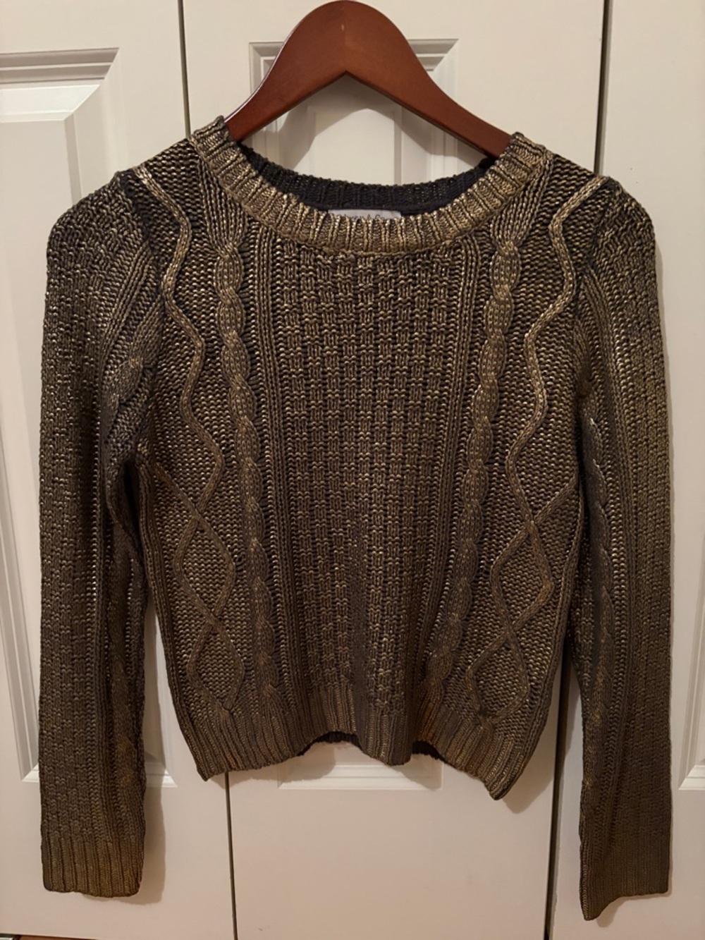 Metallic Olive Cable-Detail Crewneck Sweater